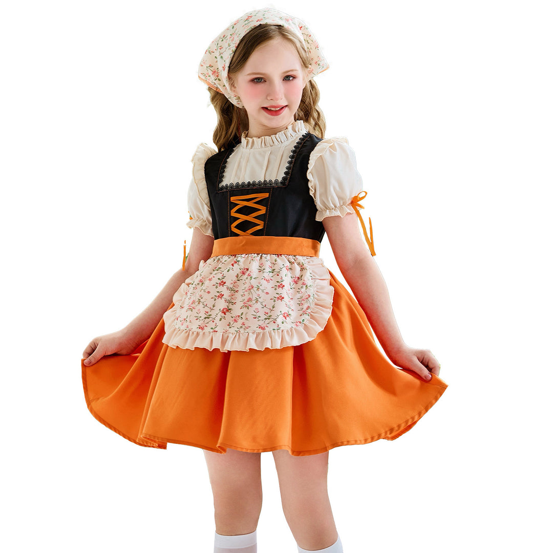 Damen nan traditionelles Kinderdirndl mit Schnürung, Rüschenschürze und Kopftuch Echo Archiv
