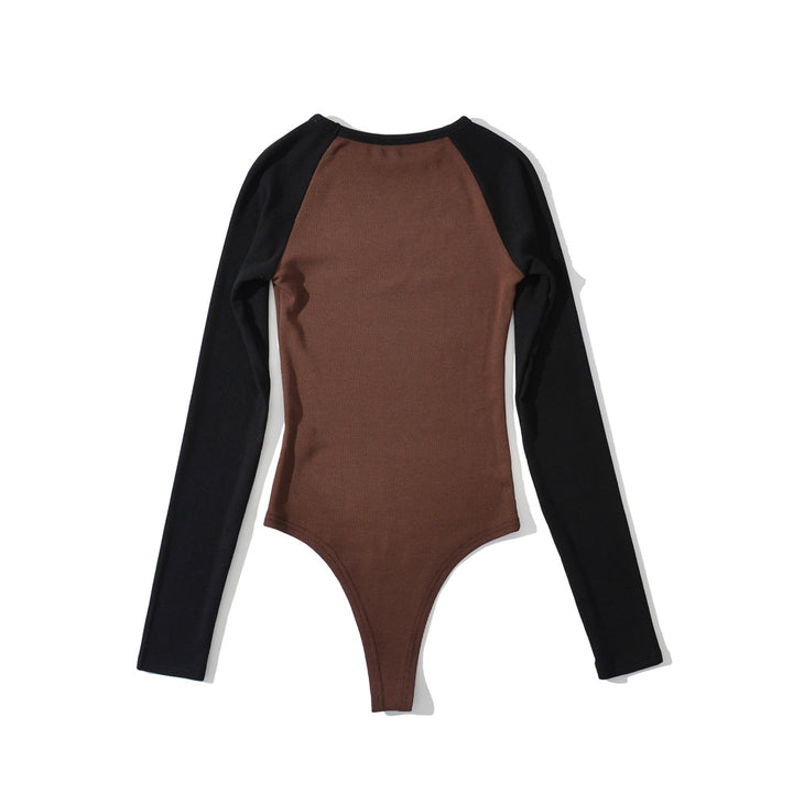 Damen Raglan-Bodysuit mit langen Ärmeln, Rippstruktur und Druckknopfverschluss Echoarchiv