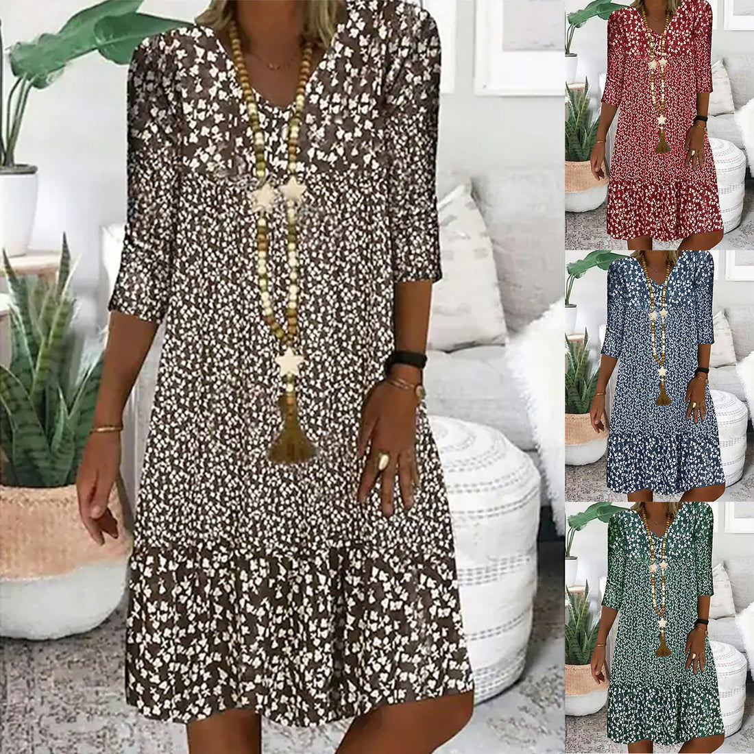 Damen Freizeit Stufen Kleid mit V-Ausschnitt und drei Viertel Ärmeln im floralen Allover-Druck – Lunéa