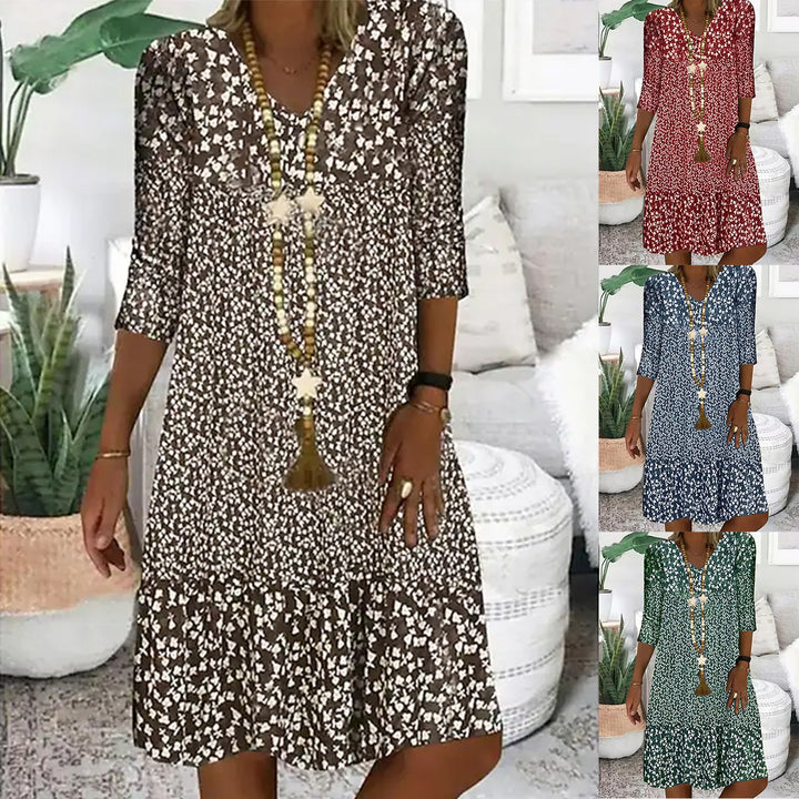 Damen Freizeit Stufen Kleid mit V-Ausschnitt und drei Viertel Ärmeln im floralen Allover-Druck – Lunéa