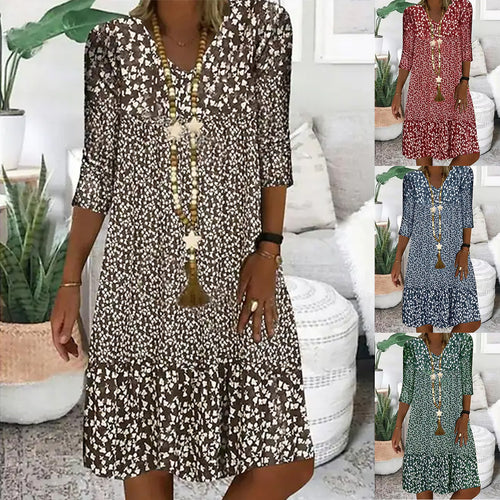 Damen Freizeit Stufen Kleid mit V-Ausschnitt und drei Viertel Ärmeln im floralen Allover-Druck – Lunéa