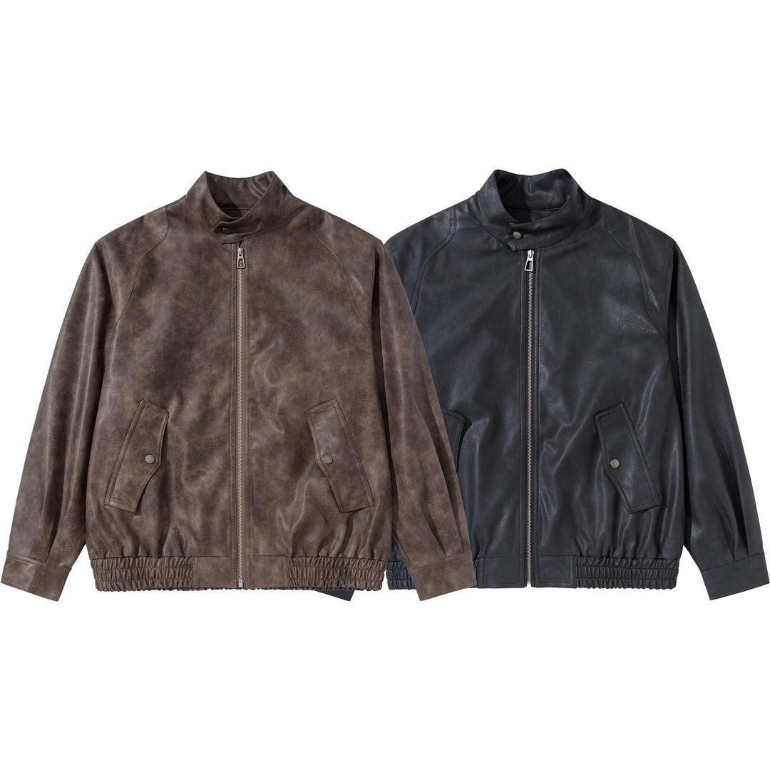 Herren Vintage‑inspirierte Kunstleder‑Bomberjacke mit Funnelkragen, Pattentaschen und elastischem Saum Echoarchiv