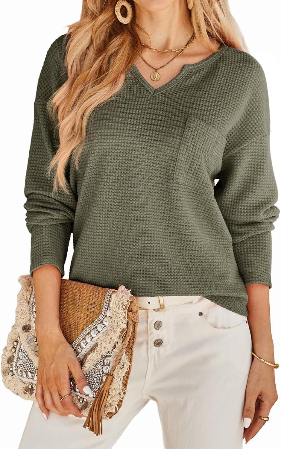 Damen Waffel-Strickpullover mit V-Ausschnitt, Brusttasche und lässiger Passform Echoarchiv