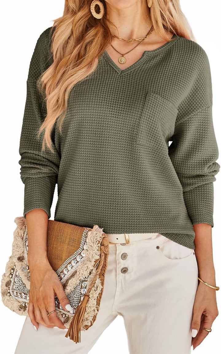 Damen Waffel-Strickpullover mit V-Ausschnitt, Brusttasche und lässiger Passform Echoarchiv