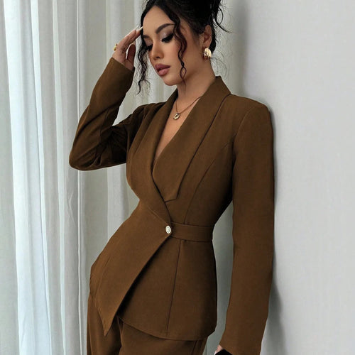 Damen taillierter Businessblazer mit Schalkragen, Gürtelbund und Ein-Knopf-Verschluss – Valéne