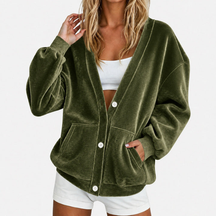 Damen Oversize-Relax-Cardigan aus Velours mit Knopfleiste und Eingrifftaschen Echoarchiv