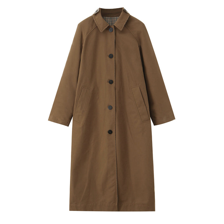 Damen langer minimalistischer Trenchcoat mit kariertem Innenfutter Echo Archiv