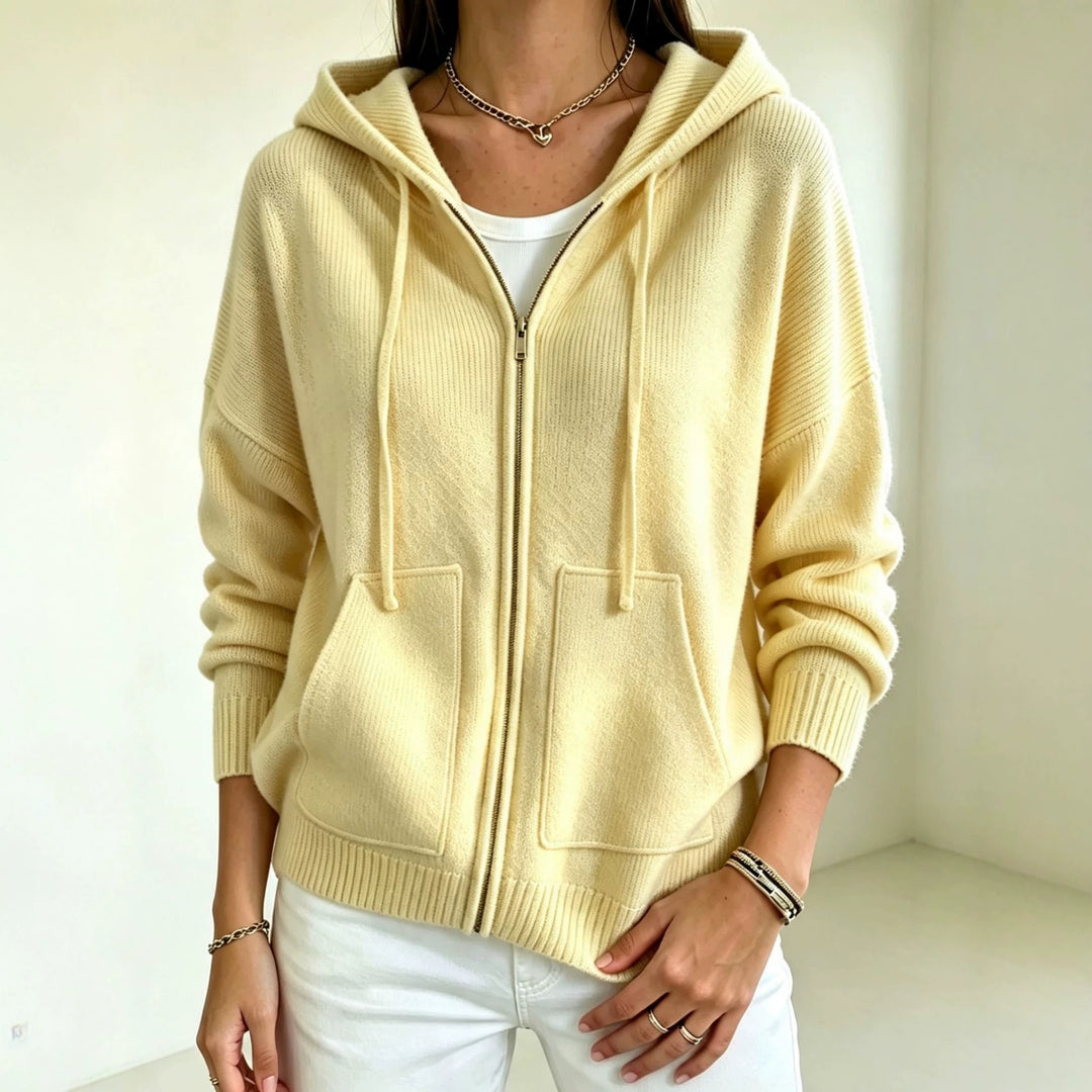 Damen Kapuzen-Wollmix Zip-Cardigan mit kastiger Passform und Kängurutaschen – Auréline
