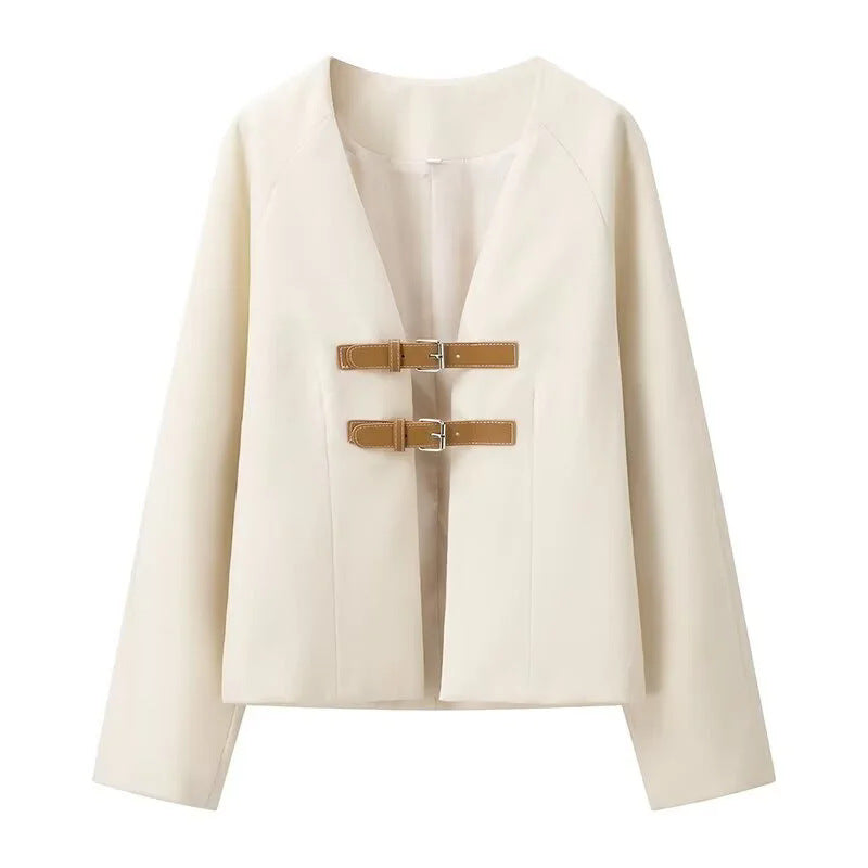 Damen kurz geschnittene Jacke mit V-Ausschnitt, zweifachem Schnallenverschluss und kastiger Silhouette – Célinea