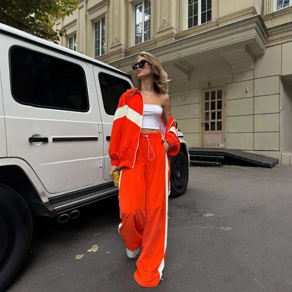 Damen Zweiteiliges Oversized Windbreaker-Set mit Kontraststreifen, Elastischem Saum und Tunnelzughose – Élanora