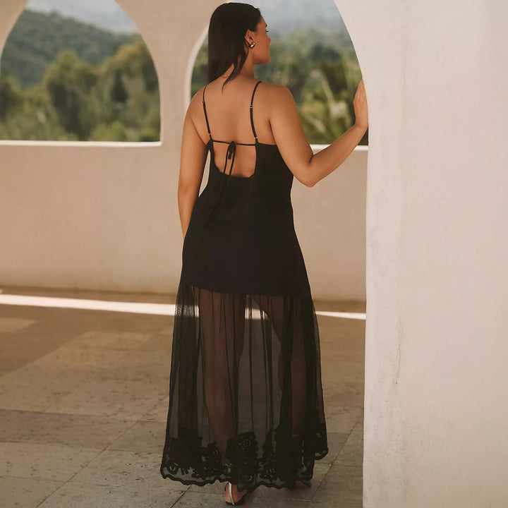 Damen nan zweiteiliges Maxikleid mit V-Ausschnitt, Spaghettiträgern und transparentem Tüllrock Echo Archiv