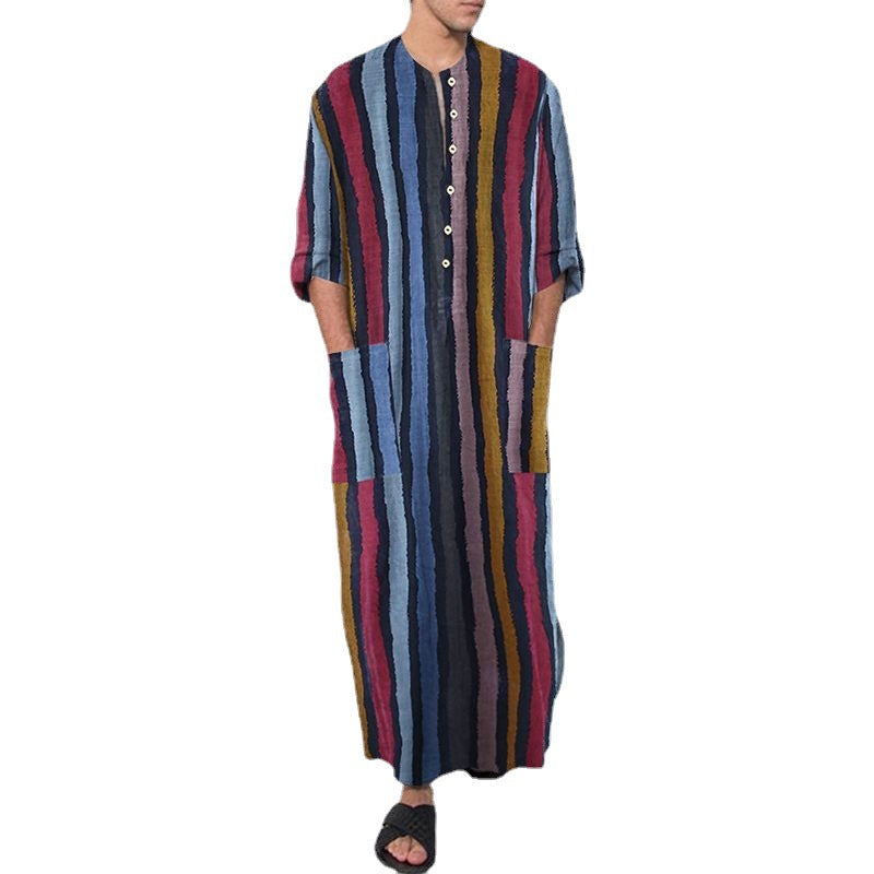 Herren nan bodenlanger gestreifter Leinenmix Kaftan mit Stehkragen und aufgesetzten Hüfttaschen Echo Archiv