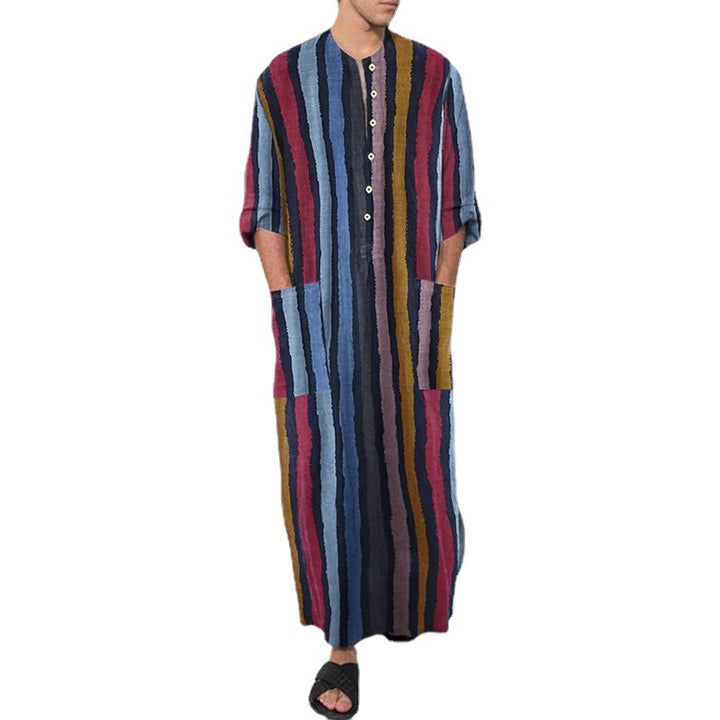 Herren nan bodenlanger gestreifter Leinenmix Kaftan mit Stehkragen und aufgesetzten Hüfttaschen Echo Archiv