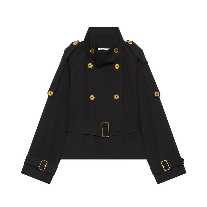 Damen Kurzer Doppelreiher-Trench mit Taillengürtel, Schulterklappen und goldfarbenen Details Echo Archiv