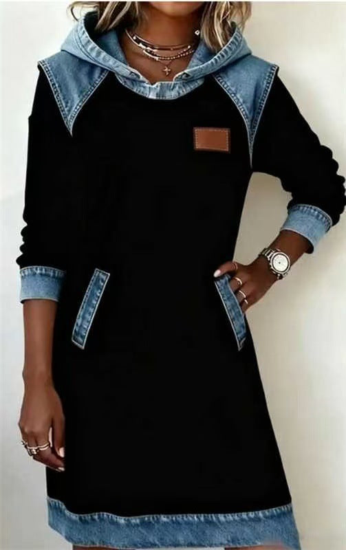 Damen nan Kapuzen-Sweatkleid mit Jeans-Applikationen, Kängurutaschen und lässigem Schnitt Echo Archiv