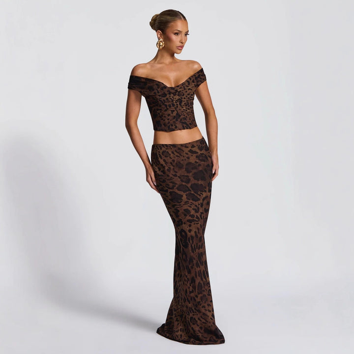 Damen Elegantes Set aus Crop-Top und Maxirock mit Leopardenmuster Echo Archiv