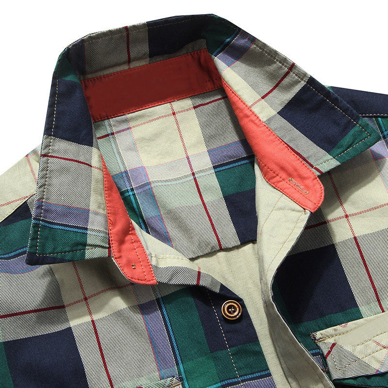Herren kariertes Hemdjacke im Utility‑Stil mit Brustpattentaschen und Kontrastkragen – Taviero
