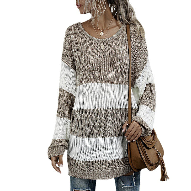 Damen Oversize Longpullover mit Blockstreifen und Rundhalsausschnitt Echoarchiv