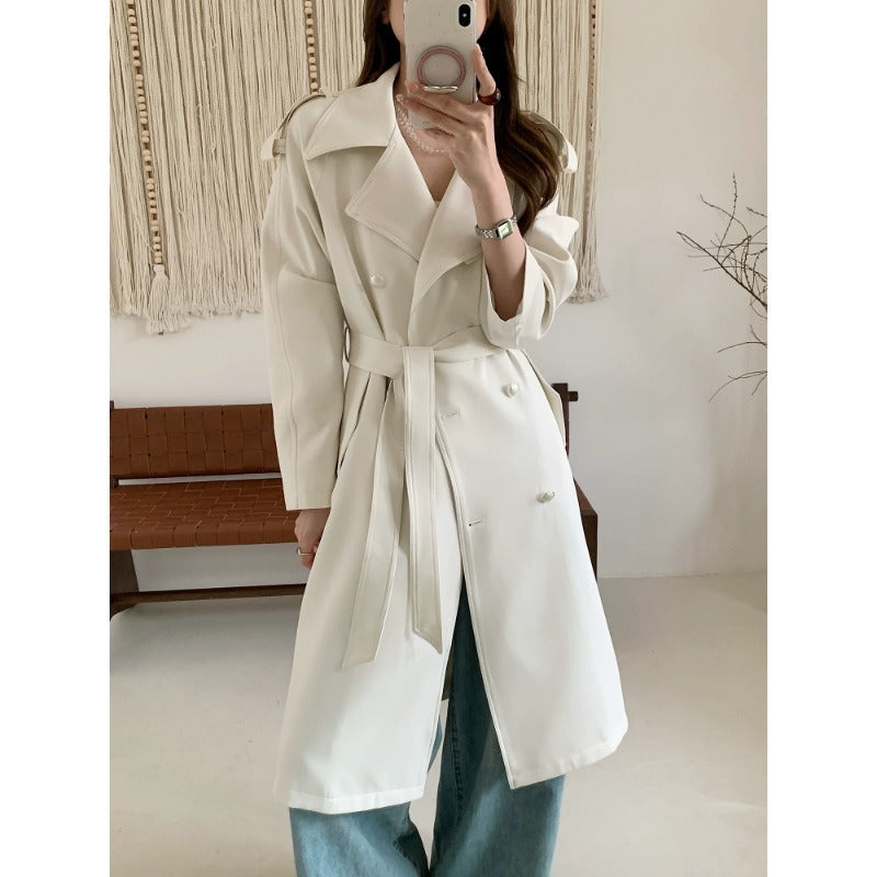 Damen Midilanger Trenchcoat mit Oversize-Schultern und Perlmuttknöpfen Echoarchiv