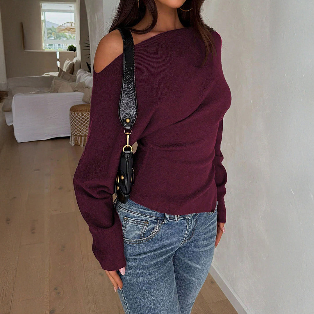 Damen schulterfreier Feinstrickpullover mit asymmetrischem Cut-Out, taillierter Passform und weiten Ärmeln – Mavelle