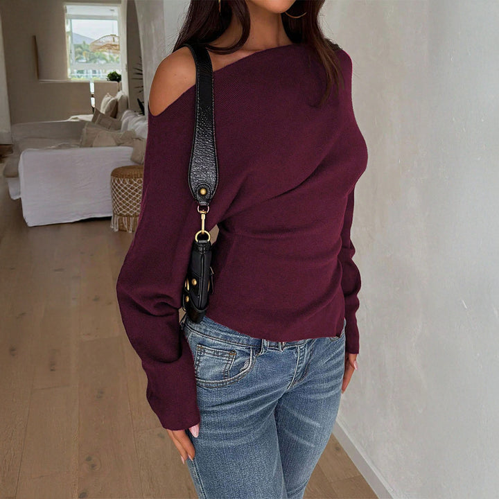 Damen schulterfreier Feinstrickpullover mit asymmetrischem Cut-Out, taillierter Passform und weiten Ärmeln – Mavelle