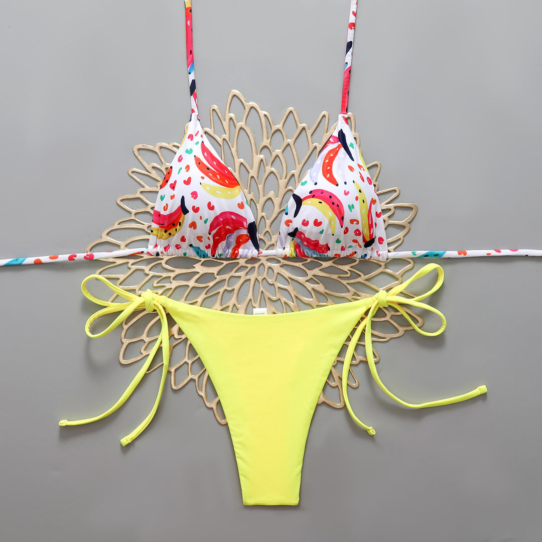 Damen Triangel-Bikini mit buntem Fruchtmuster und femininen Schleifen Echo Archiv