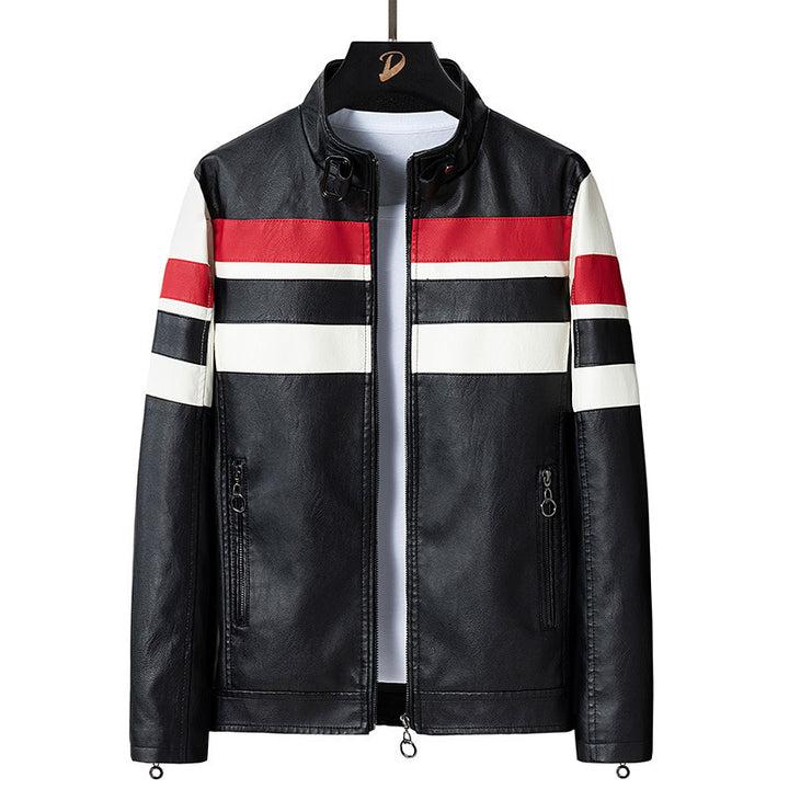 Herren Retro‑Racer Kunstlederblouson mit Stehkragen, kontrastierenden Streifen und Zwei‑Wege‑Reißverschluss Echo Archiv
