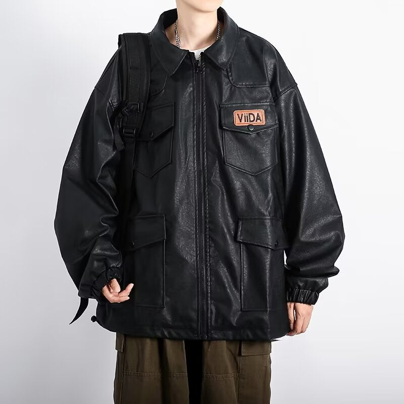 Unisex Oversized Utility Lederimitat Jacke mit Mehreren Klappentaschen Echoarchiv