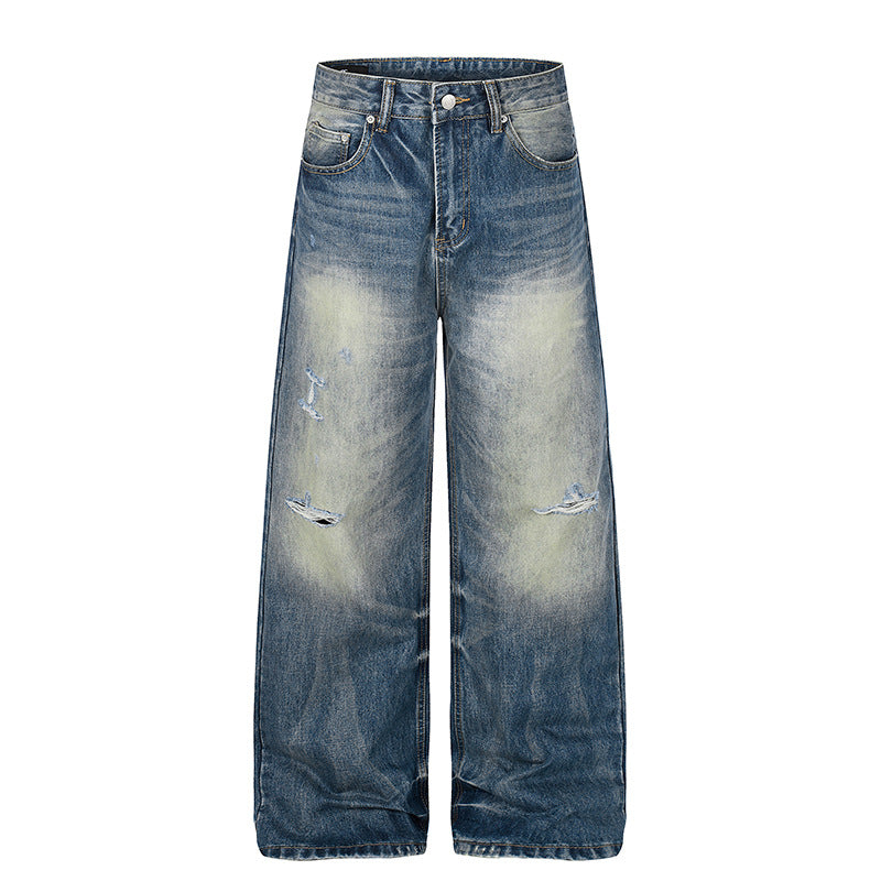 Damen Hochgeschnittene Jeans mit weitem Bein, Used‑Waschung und Destroyed‑Details Echoarchiv