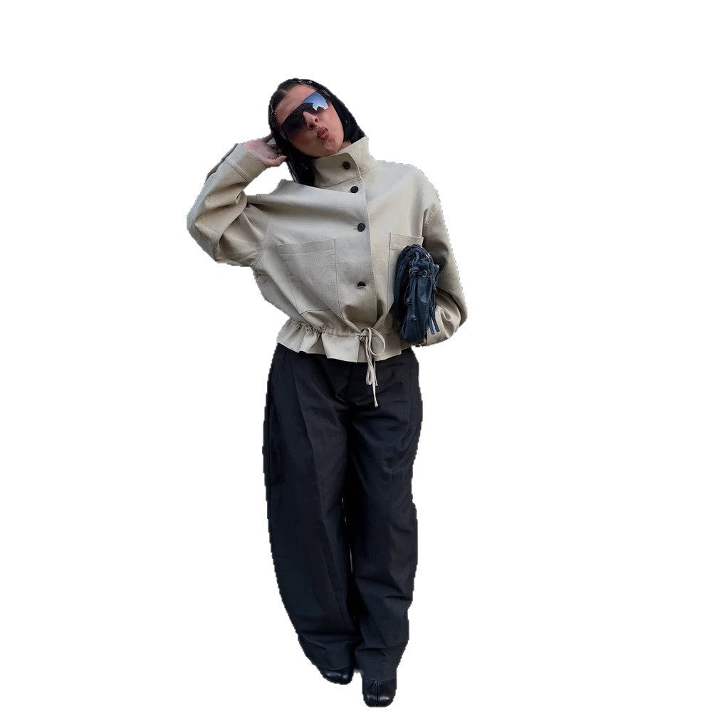 Damen Kurzgeschnittener Oversize-Canvas-Blouson mit Stehkragen Echoarchiv