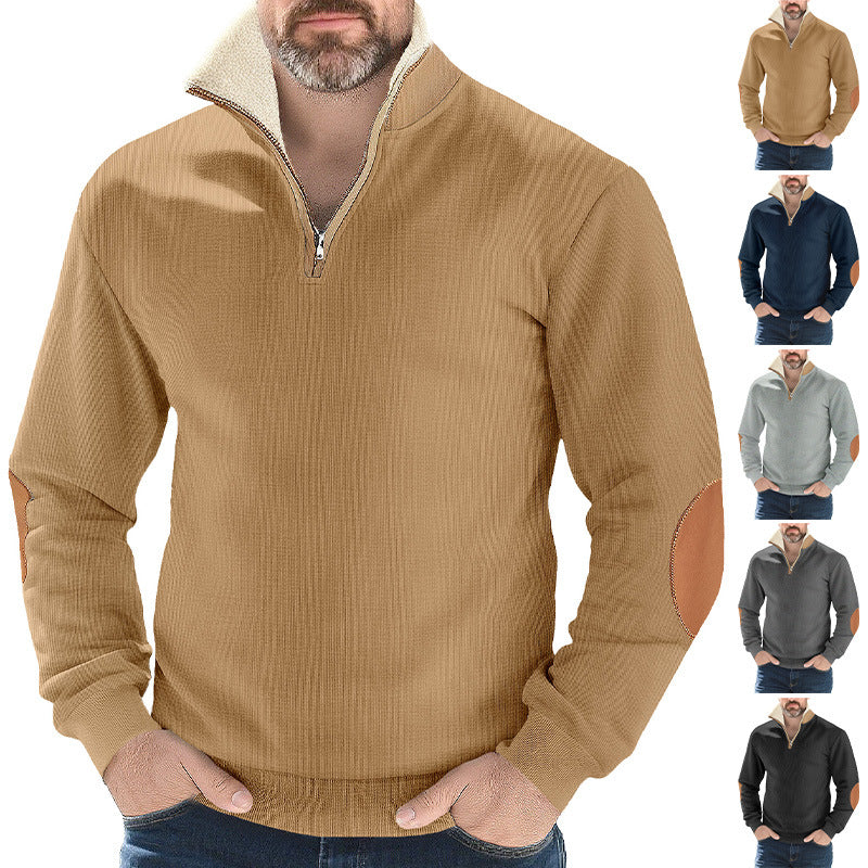 Herren nan Strukturstrick-Halbzipppullover mit wärmendem Sherpa-Kragen und Velours-Ellenbogenapplikation Echo Archiv