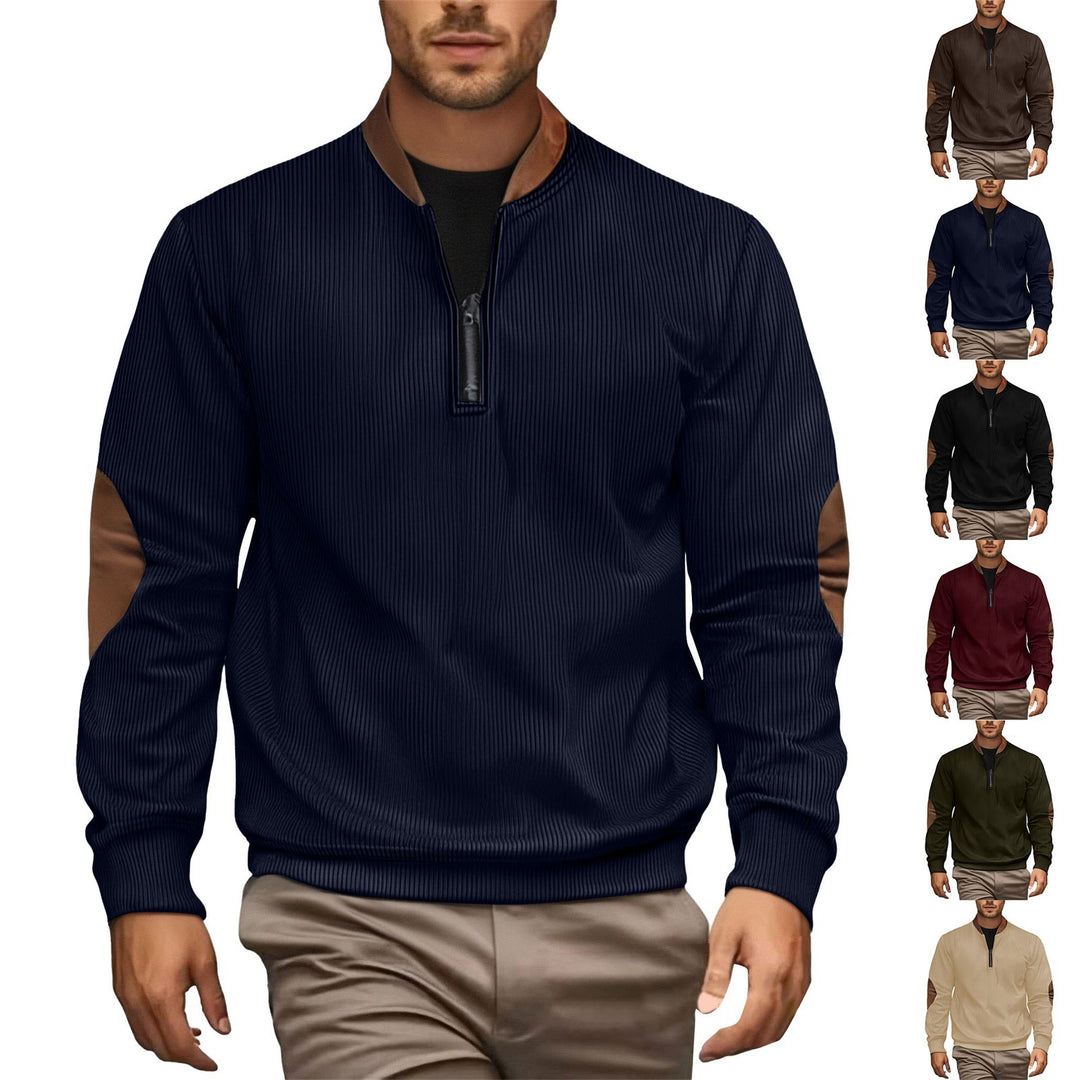 Herren eleganter Pullover mit Stehkragen und modischen Ledereinsätzen Echoarchiv