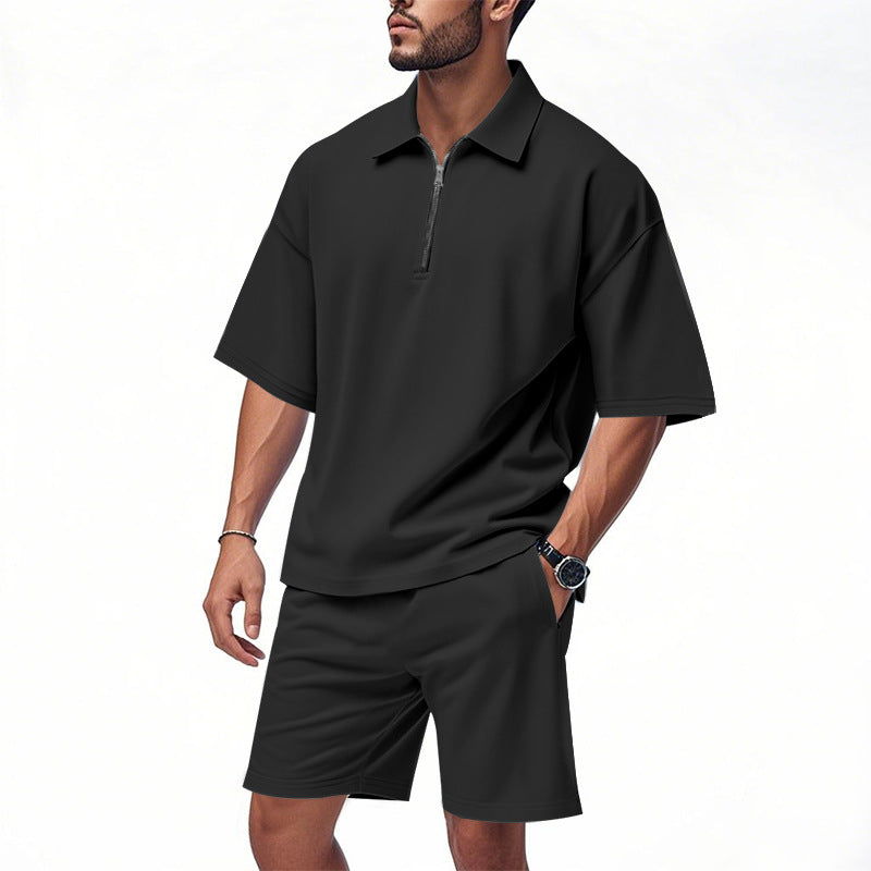 Herren lässiges Kurzarm-Set mit modernem Reißverschluss und bequemen Shorts Echoarchiv