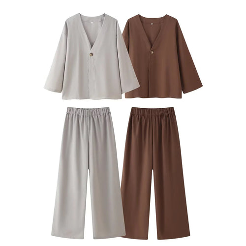 Damen lässiges Zweiteiler-Set mit V‑Ausschnitt Bluse und weitem Bundhose – Élanora