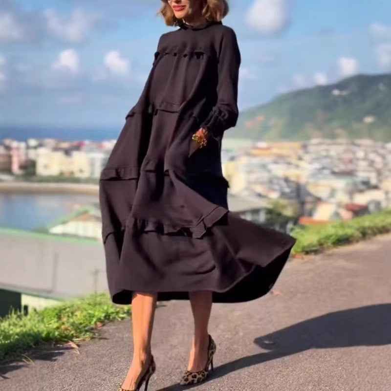 Damen nan kastiges Stufenmidikleid mit Rüschenkragen, gerafften Manschetten und verdeckten Seitentaschen Echo Archiv