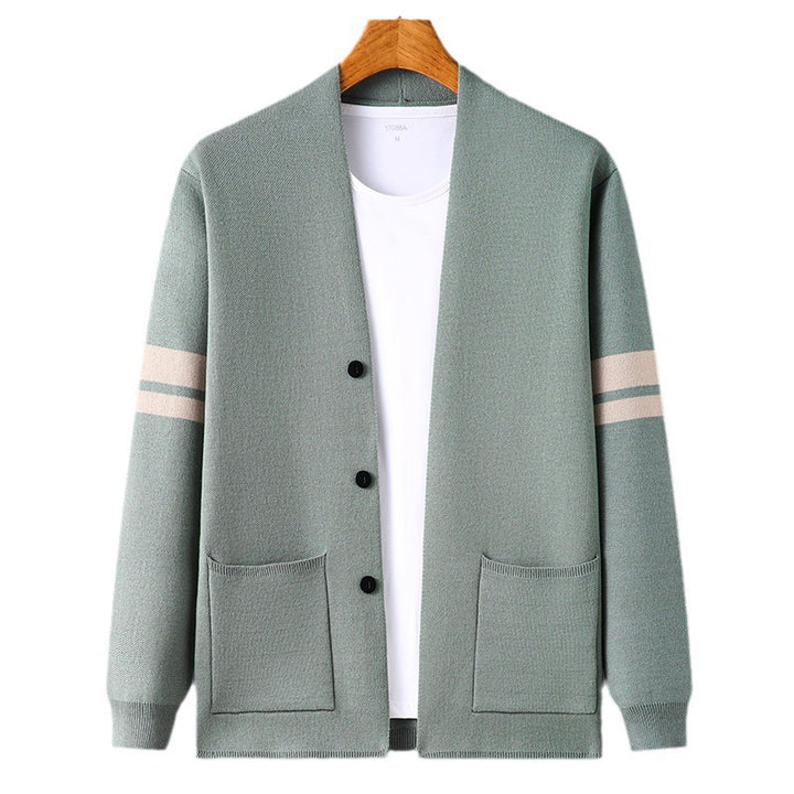 Herren modische Strickjacke mit eleganten Kontraststreifen und praktischen Taschen Echoarchiv