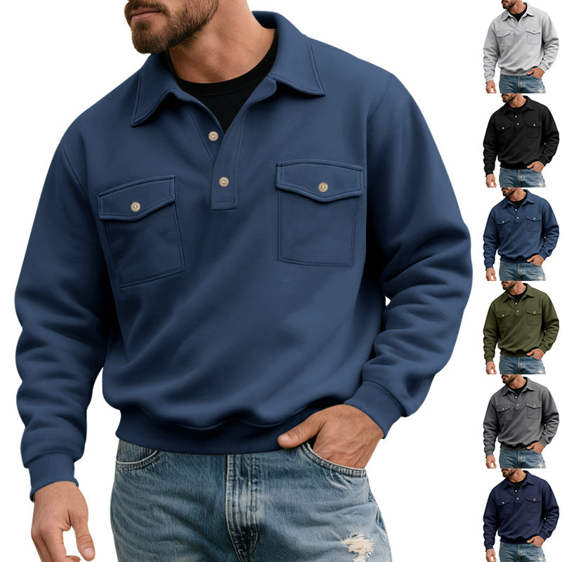 Herren nan Brustklappen-Polo-Sweatshirt mit Halbknopfleiste, zwei Brusttaschen und geripptem Saum Echo Archiv