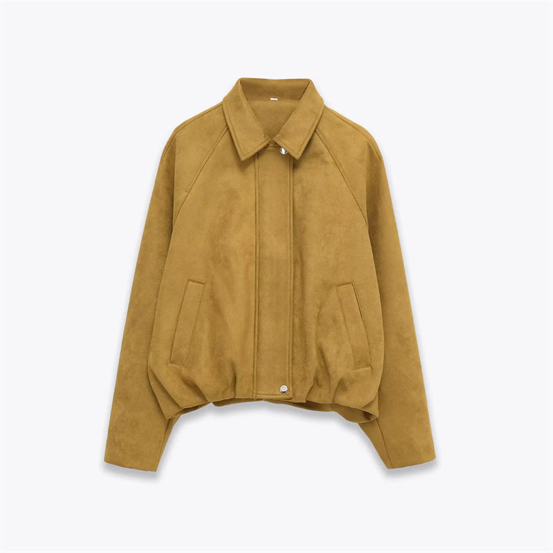 Damen nan cropped Wildlederoptik Bomberjacke mit verdecktem Reißverschluss und tailliertem Gummizugsaum Echo Archiv