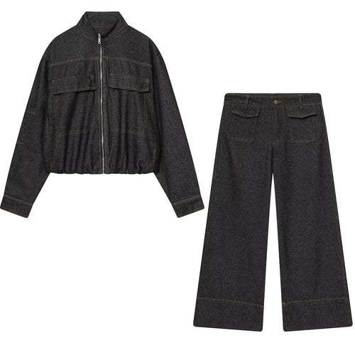 Damen Zweiteiliges Denim-Set mit Cropped-Zipjacke und weiter Highwaist-Jeans Echo Archiv