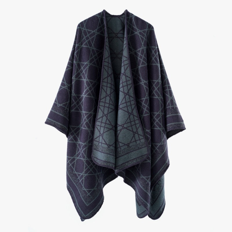 Damen Wendbarer Jacquard-Capeponcho mit geometrischem Allovermuster und offenem Kimono-Fall – Célinea
