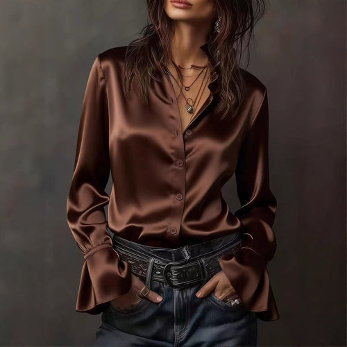 Damen Seidenglänzende Satinbluse mit Stehkragen, Knopfleiste und Volantärmel – Élovi