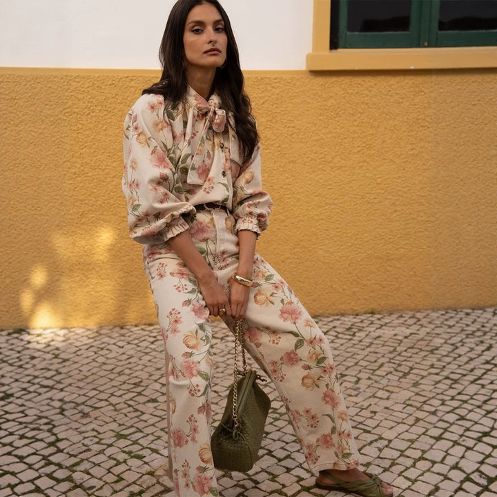 Damen Zweiteiliges Blumen-Print Co-Ord-Set mit Oversize-Blouson und High-Waist-Hose Echoarchiv