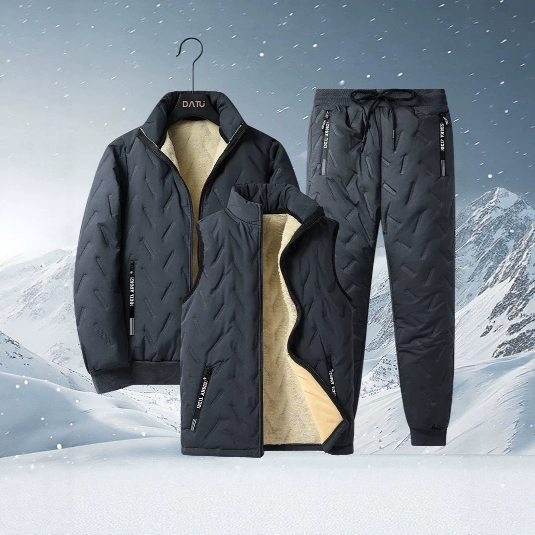 Herren dreiteiliges Thermo-Fleecegefüttertes Freizeit- und Outdoor-Set mit gesteppter Jacke Weste und Jogginghose Echoarchiv