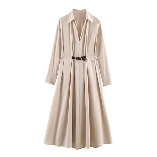 Damen Langärmeliges Hemdblusenkleid mit weitem Faltenrock und Taillengürtel Echo Archiv