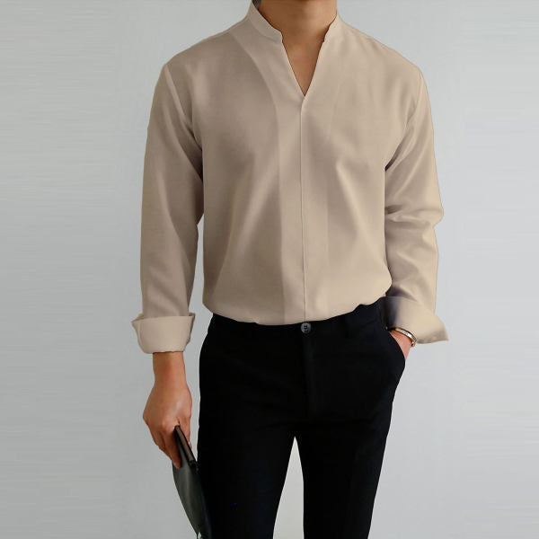 Herren Langarmhemd im modernen Mandarin-Kragen-Stil mit eleganter Knopfblende Echoarchiv