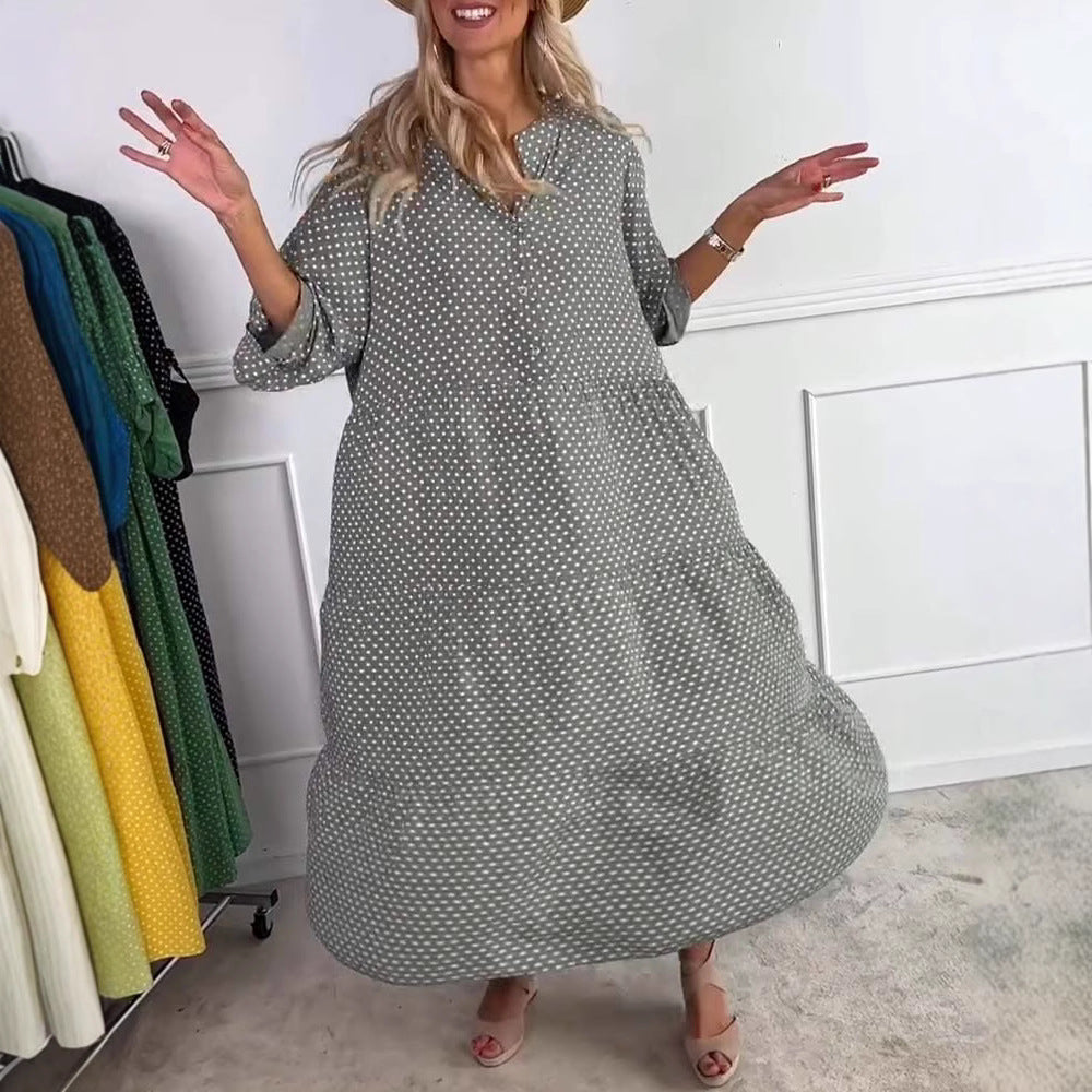 Damen nan leichtes fließendes Midikleid mit Pünktchenmuster, Stufenrock und krempelbaren Ärmeln Echo Archiv
