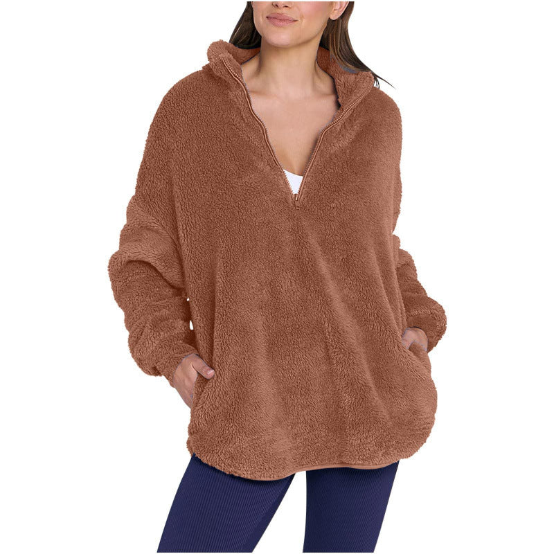 Damen Flauschiger Oversize-Sherpa-Pullover mit Halbzip und Kängurutaschen Echo Archiv