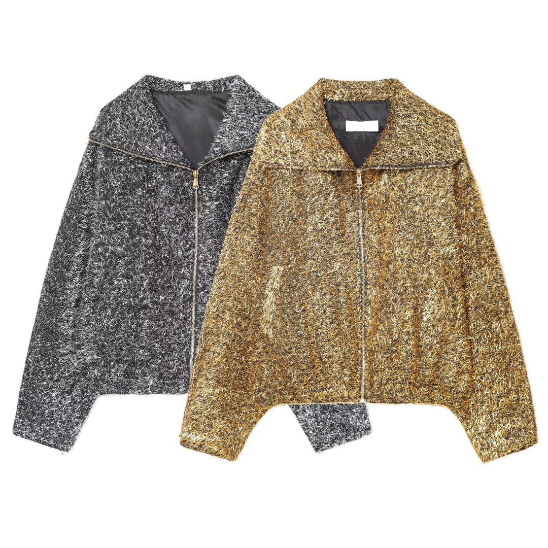 Damen Kurz geschnittener Bouclé-Blouson mit Metallic-Effekt und durchgehendem Reißverschluss Echo Archiv