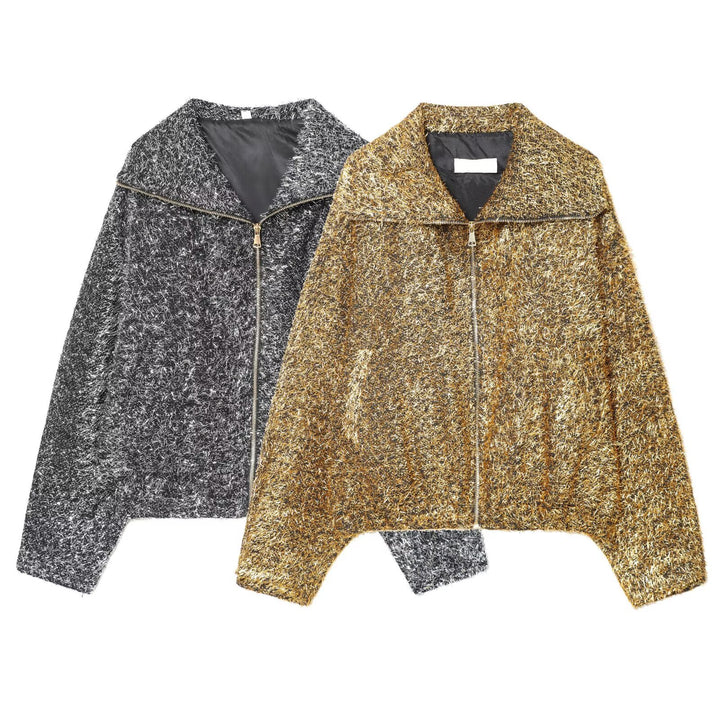 Damen Kurz geschnittener Bouclé-Blouson mit Metallic-Effekt und durchgehendem Reißverschluss Echo Archiv
