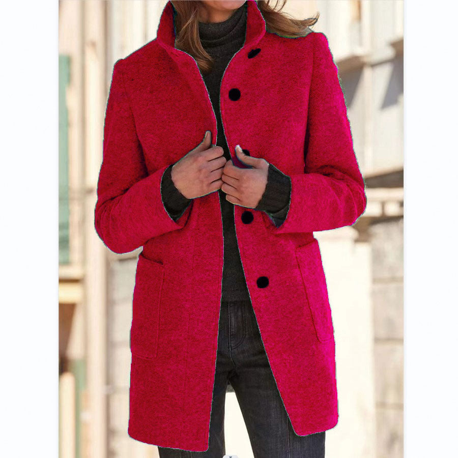 Damen Midilanger Wollmix-Mantel mit Stehkragen und aufgesetzten Taschen – Montévia